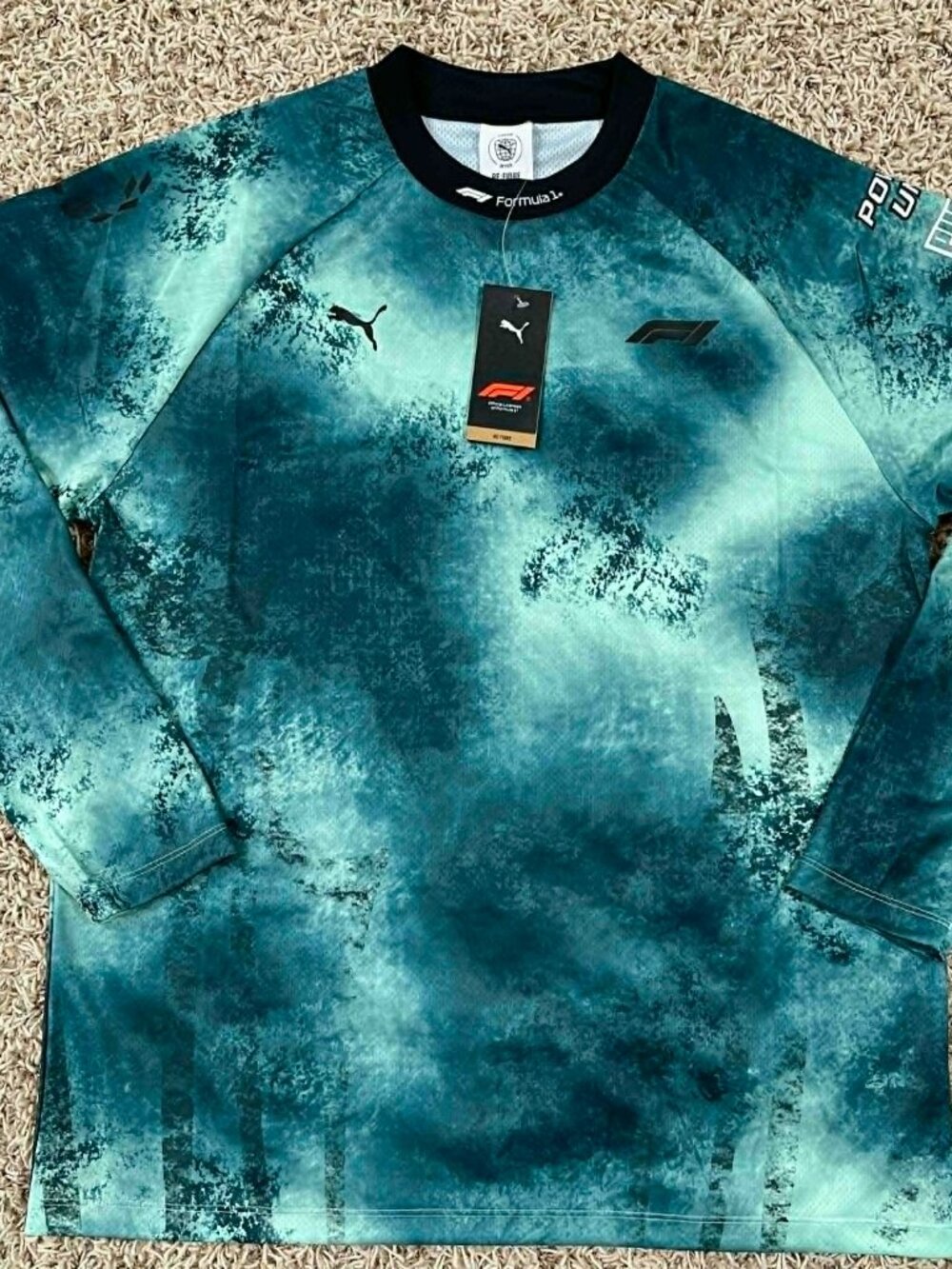 PUMA F1 Formula 1 Men’s Long Sleeve Jacquard Motorsports Tee Teal Green, Size M